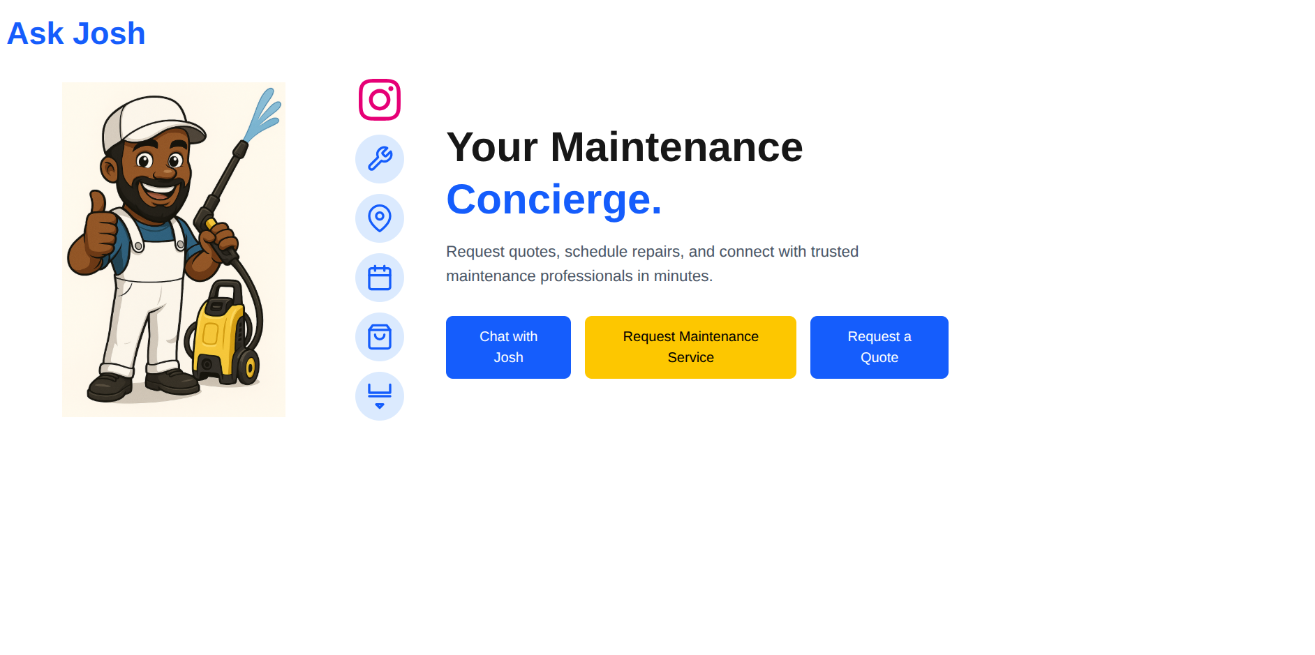 Ask Josh maintenance concierge landing page with service options beside an illustrated technician