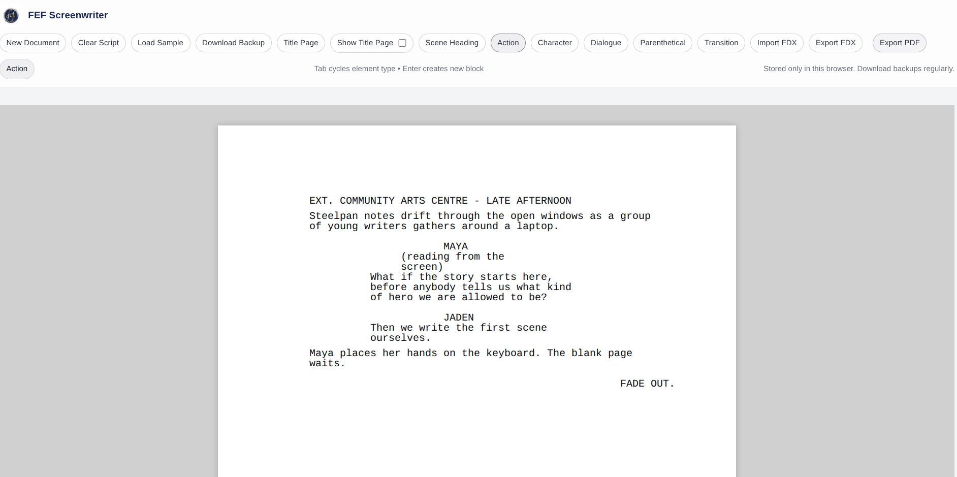 FEF Screenwriter editor showing screenplay formatting controls and a sample script page