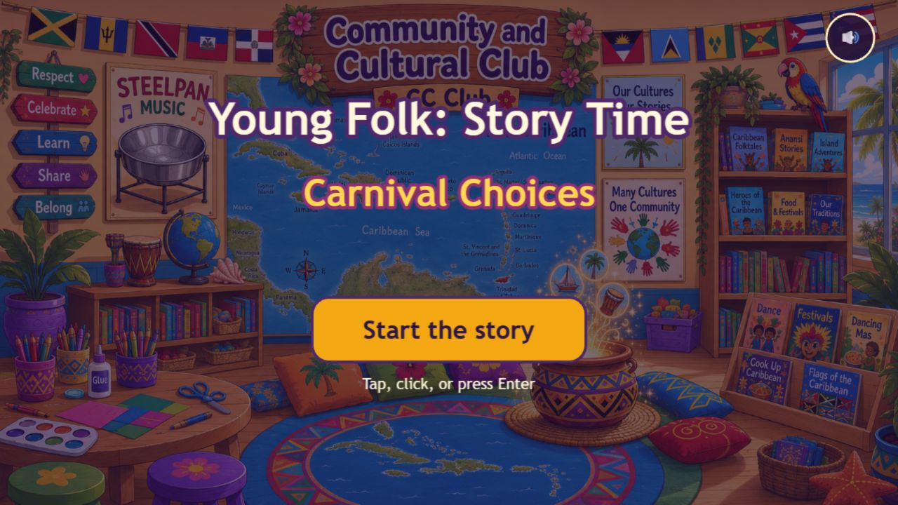 Young Folk Story Time title screen with Carnival characters gathered beneath a starry Caribbean night sky